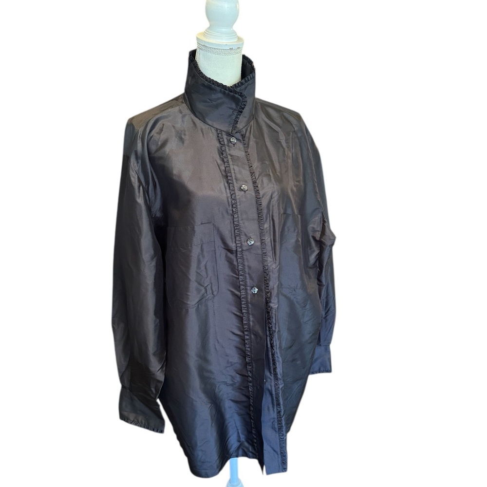 Linda Allard Ellen Tracy Black Silk Button Up Shirt Jacket 20